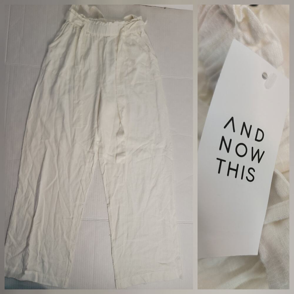 And Now This Pants SZ Small Straight Wide Leg Pull On Belted Linen Blend Coastal